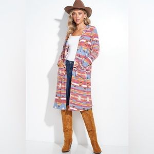 Aztec Hoodie Long Cardigan in Coral & Blue